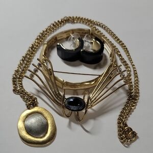Gold-Tone Women’s Necklace and Bracelet Set with Black Accent